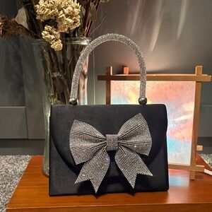 Satin Black Rhinestone Bag with Bow